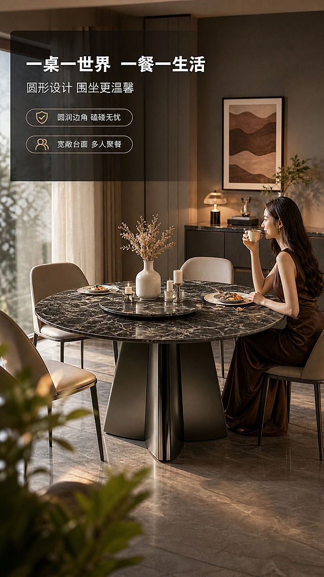 [商品] 使用【图1】意式轻奢微晶石圆形餐桌；保留产品全貌、圆形桌面、不锈钢灰钛脚架；产品放置于真实用餐场景中，保持结构与材质一致。
[画面] 目标：场景体验页，展示餐厅用餐氛围与产品使用场景。构图：全景场景，人物互动，上文下景或场景满铺+左上文案。主体：现代轻奢餐厅全景，餐桌上摆放餐具、花瓶、烛台，一位亚洲女性侧身坐在餐椅上，手托咖啡杯，享受用餐时光。餐桌占画面约40%，平视角度，前景有绿植点缀，后景有餐边柜与艺术挂画，暖调灯光营造温馨氛围。
[视觉] 套系策略：风格=意式轻奢高级商业摄影；标题字=现代简约粗黑体；正文字=纤细无衬线体；主色=深灰黑+暖棕；背景延展=基于深灰黑与暖棕做深浅层级、同色渐变和细腻石材/金属质感；强调色=香槟金，仅用于小面积图标、引线和标签；标题色=米白色；正文色=浅暖灰；组件=细线信息卡、金属质感引线、圆角标签；光影=暖调室内灯光+自然光混合，氛围温馨高级。
[文字] 左上文案区：主标题"一桌一世界 一餐一生活"，副标题"圆形设计 围坐更温馨"，2条体验卖点"圆润边角 磕碰无忧""宽敞台面 多人聚餐"；文字半透明底，不遮挡人物与产品主体。文字横排。
[规格] 图片比例9:16竖版，4K，避免变形、错字、文字过小、冷蓝背景、产品颜色改变、结构失真、出现平台Logo水印、人物面部模糊。