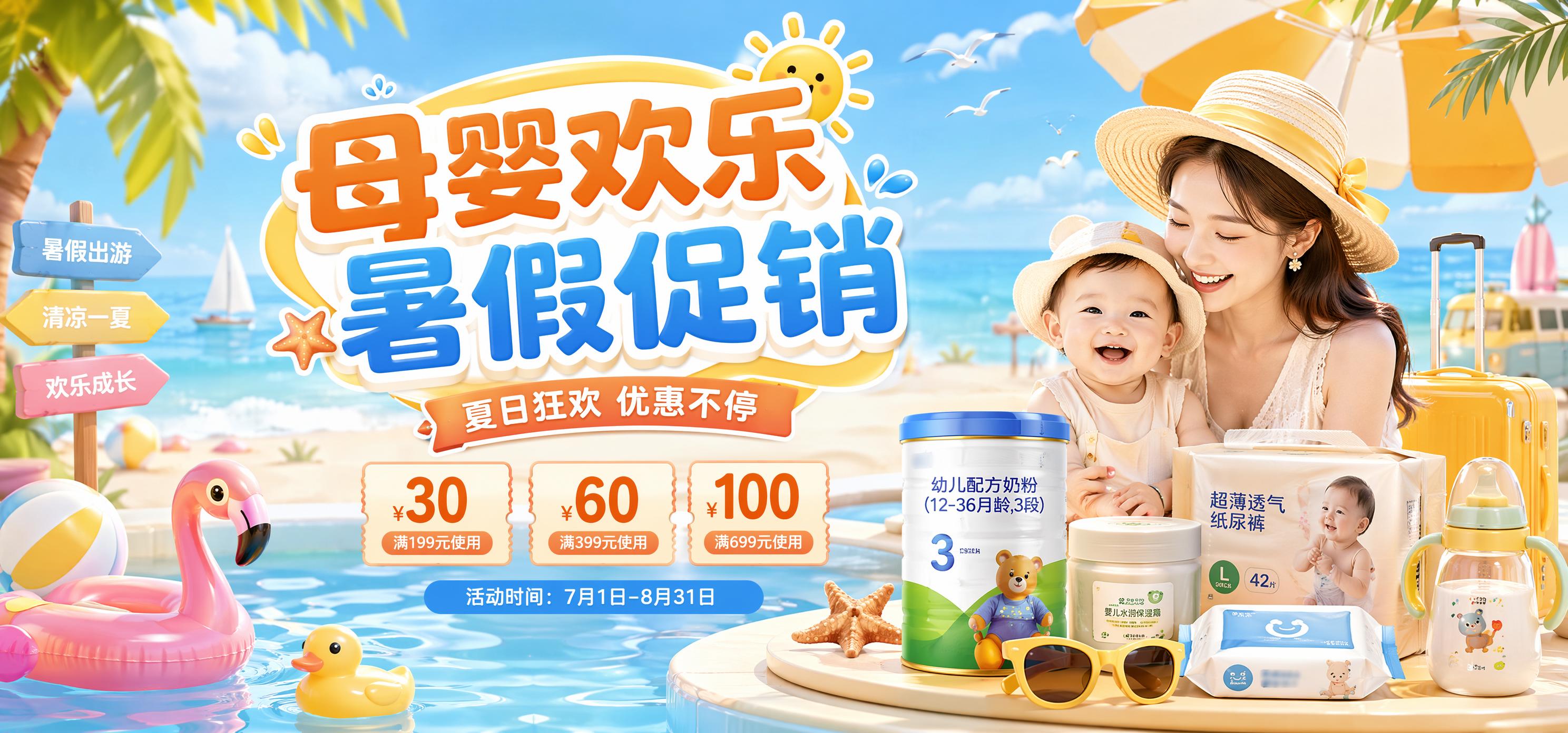 母婴欢乐暑假促销banner，明亮活泼色彩，温馨可爱母婴风格，… - 图片创意预览