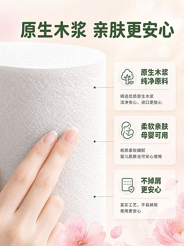 [商品] 使用【图1】白色无芯实心卷纸；保留卷纸圆柱形外观、白色纸浆质感；产品处理：增强纸浆纤维纹理细节，突出材质细腻感。
[画面] 页面目标：材质细节微距，原生木浆亲肤触感。构图：左侧大特写+右侧信息卡；左侧为纸巾纤维微距特写，细腻的木浆纤维纹理清晰可见，一只手（女性手部，皮肤白皙）的指尖轻轻触摸纸巾表面，体现亲肤触感；右侧为3个圆角信息卡，分别说明"原生木浆 纯净原料""柔软亲肤 母婴可用""不掉屑 更安心"；背景为浅米白+柔粉色光晕，底部有淡粉色水彩花朵装饰；整体氛围温馨安心。
[视觉] 套系策略：风格=清新温馨商业摄影风；标题字=圆润无衬线粗体；正文字=简洁无衬线体；主色=浅米白+柔粉；背景延展=基于浅米白做深浅渐变、水彩花朵质感、柔和光晕；强调色=淡墨绿，仅用于小面积图标、引线和标签；标题色=深墨绿；正文色=深灰；组件=圆角浅底信息卡、细线引线、花朵装饰元素；光影=左前侧暖柔光，柔和均匀。
[文字] 顶部大标题"原生木浆 亲肤更安心"；右侧3个信息卡各有小标题+短说明；文字横排，信息清晰，手机端可读。
[规格] 图片比例3:4竖版，4K，避免变形、错字、文字过小、手部畸形、纤维纹理失真、极限词。