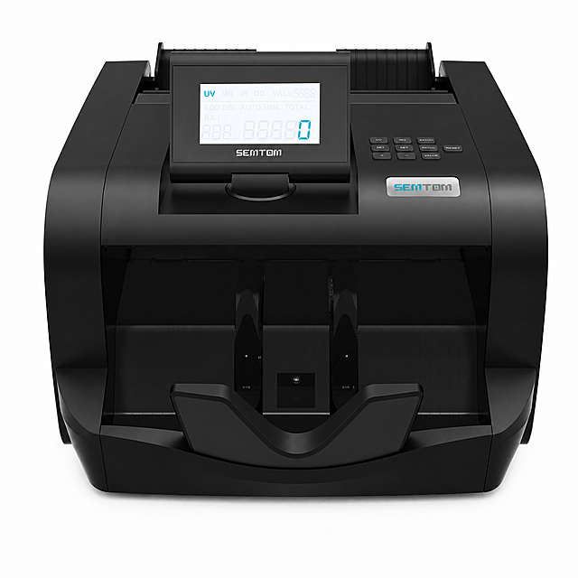 [Main Image 1] Automatic Bill Counter with Counterfeit Detection. [Atmosphere Style] Minimalist professional commercial product photography, clean pure white background. [Quality] High commercial photography texture, sharp focus on product, clear details, advanced and clean. [Elements] Place the Semtom bill counter in the center, keep the physical structure, material texture, color completely consistent with the input image 1, product accounts for more than 85% of the frame, no any extra text or logo except product itself, pure white background #FFFFFF, no border, no extra props. [Lighting] Soft even studio lighting, front main light, side fill light, natural soft shadow on the bottom, highlight the product contour and texture, transparent picture, no overexposure, no dark dead angle. [Color Matching] Mainly pure white background, product is matte black, brand logo is blue and gray, keep original color matching. [Perspective Composition] Front eye-level perspective, product centered, square composition, complete product outline, no cropping. [Text Layout] No extra marketing text, only preserve the original product logo, strictly comply with Amazon main image specification. [Proportion Resolution] 1:1 square, 4K resolution, text on product clear and recognizable. [Negative Prompt] Deformed product, wrong structure, color difference, watermark, extra text, extra logo, cluttered background, cropped product.