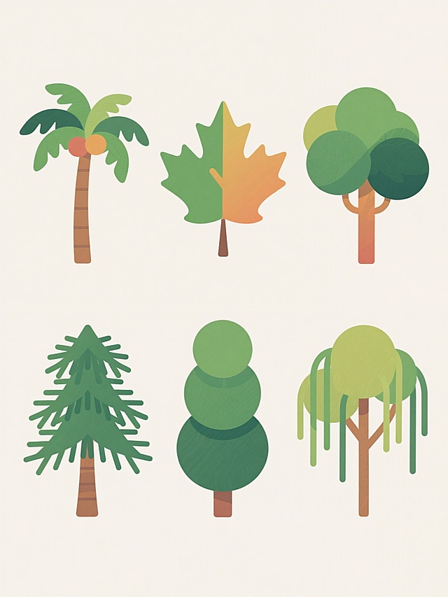 一组6个不同树木的扁平化插画，保持与原椰树一致的卡通风格，包括简洁的线条、圆润的形状和明亮的色彩。树木种类分别为：杨树、樟树、枫树、松树、柏树和柳树。每棵树都有独特的特征：杨树高大笔直，樟树有浓密的绿叶，枫树有五角形叶片，松树有针状叶，柏树呈圆锥形，柳树有下垂的枝条。所有树木排列整齐，背景为纯色（非白色，与原风格协调的单一色调），整体色彩进行变换但保持明快和谐的视觉效果，树木的色彩细节丰富，有渐变和阴影处理，展现出统一的设计感和识别度。