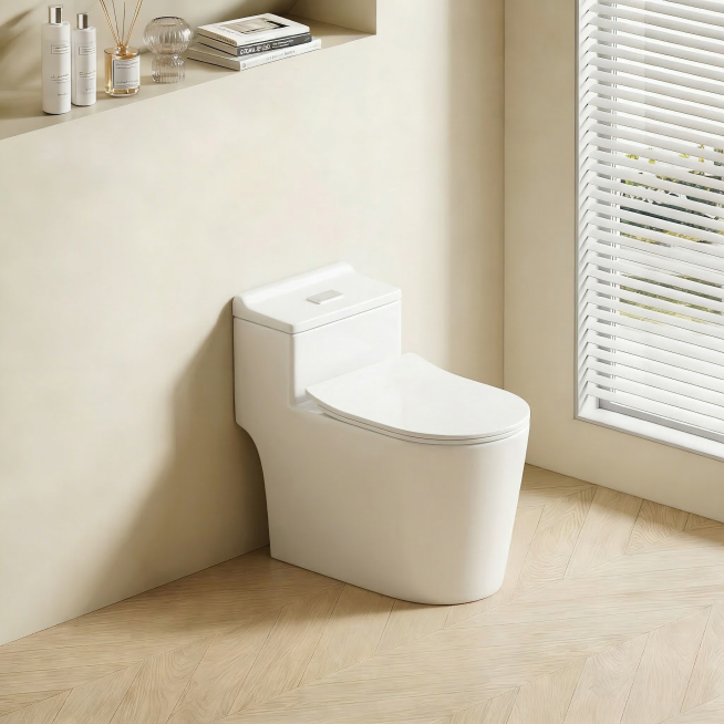 将白色马桶自然融入提供的奶白色卫浴空间背景中。
1. 结构锁死：保持马桶主体物理结构不变，陶瓷材质，硬朗光效，清晰高光
2. 光影匹配：根据背景左上角的光源方向，在马桶右下方生成自然投影，符合近实远虚预览效果