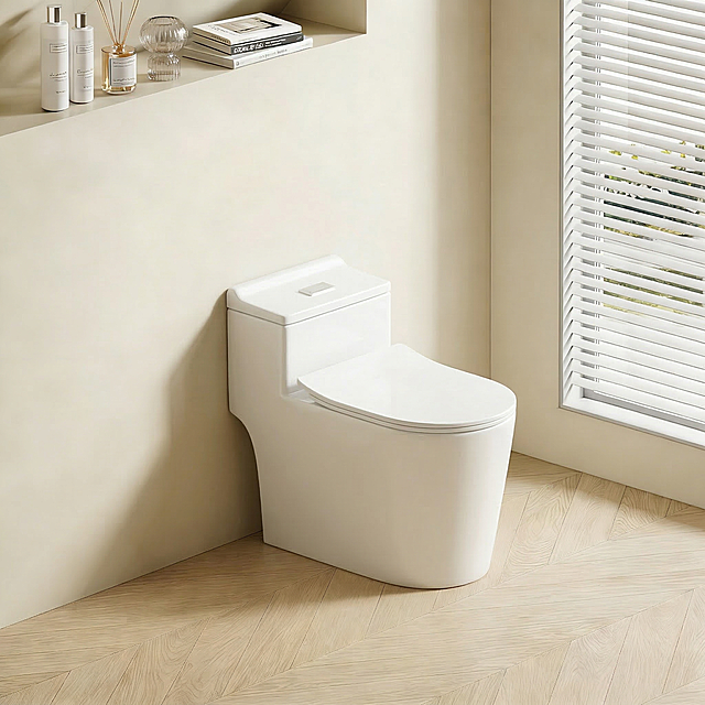 将白色马桶自然融入提供的奶白色卫浴空间背景中。
1. 结构锁死：保持马桶主体物理结构不变，陶瓷材质，硬朗光效，清晰高光
2. 光影匹配：根据背景左上角的光源方向，在马桶右下方生成自然投影，符合近实远虚的物理规律
3. 环境色交互：将背景的米白色漫反射轻微映射到马桶暗部边缘
4. 边缘处理：消除抠图白边，用环境色融合，实现自然过渡
5. 整体风格：法式奶油风，商业高调摄影，柔和漫射光，前中后景层次，自然真实，保持空间原有氛围

负面提示词：多余的部件、悬浮、比例失调、透视畸变、死黑阴影、水印、文字