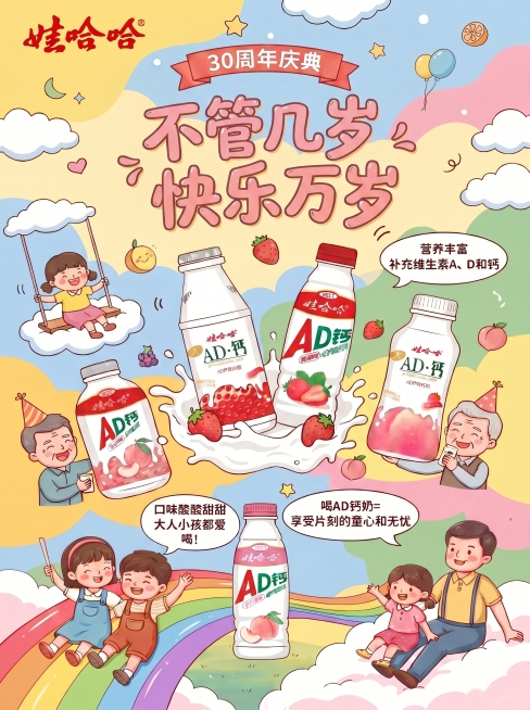 重新生成，将图片的主标题和副标题改成30周年庆典、不管几岁快乐万岁，字体设计的样式风格完全和参考图保持一致，其余内容不做修改预览效果