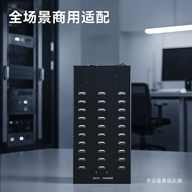 [主图-6] 多场景商用适配卖点
[氛围风格] 冷调商务科技质感，低饱和冷调，柔和工业室内光影，干净高级企业商用视觉，无花哨卡通元素
[画质] 实景摄影质感，细节清晰自然，画面干净高级，超高清分辨率
[元素] 产品放置在极简干净的工作室机房实景中，低饱和冷调办公空间背景，轻量化陈列构图，柔和工业室内光影，保持产品外观结构颜色与原图完全一致，突出全场景商用适配的特点，全程不出现任何接口数量，避开数字暗示口数
[光影] 柔和均匀的室内工业光影，主光清晰，辅助光柔和，整体冷调氛围，光影自然不突兀
[配色] 低饱和灰蓝主色调，哑光黑产品机身，浅冷调机房背景，整体低饱和配色
[视角构图] 产品放置在画面中偏下位置，轻量化陈列构图，空间层次自然
[文字版式] 画面左上角标题"全场景商用适配"，右下角短标签"多设备兼容拓展"，无衬线简约白色字体，标题字号更大，标签字号更小，不遮挡产品主体，文字清晰可读
[比例分辨率] 1:1比例，4K分辨率，文字清晰可辨
[负向提示词] 变形，水印，文字错乱，产品模糊，背景杂乱，接口数量，数字暗示，花哨卡通元素，文字遮挡主体