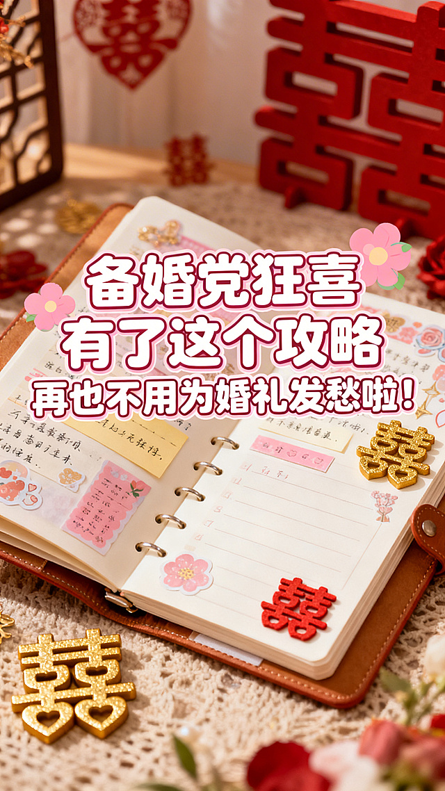 备婚党狂喜 有了这个攻略 再也不用为婚礼发愁啦！帮我做成视频封面，内容要有婚礼相关内容，文字标题居中，需要花字，需要有设计