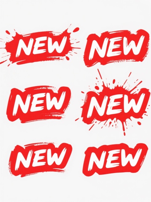 白色背景上，六个不同样式的红色“NEW”标志整齐排列，每个标志都具有手绘风格的粗大红底笔触，边缘带有自然的刷痕和不规则的飞溅效果，内部是醒目的白色大写字母，字体保持手写体的随意感和力量感，整体呈现出活泼、醒目且具有手工艺术气息的视觉效果，布局均衡有序，每个“NEW”标志在保持核心风格统一的前提下，在笔触细节、字母倾斜角度或飞溅形状上略有变化，形成丰富的视觉节奏。预览效果