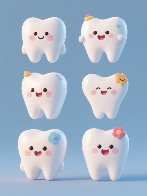 6个不同造型、不同形状、不同样式的卡通牙齿角色素材集合，保持3D立体风格，圆润饱满的造型，光滑细腻的白色牙齿质感，明亮柔和的光影效果，每个牙齿拥有独特的可爱表情和装饰元素，纯色背景，规整排布成一行或两行，色彩明快和谐，整体呈现活泼欢快的氛围，细节丰富，形象生动，适合作为设计素材使用预览效果