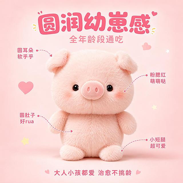[主图-3] 圆润幼崽感设计卖点图 全年龄段通吃
[氛围风格] 萌宠动物园风 治愈系 可爱呆萌 抖音电商主图
[画质] 商业摄影质感 光线柔和通透 产品清晰真实 画面干净高级 超高清
[元素] 画面中央是一只粉色小猪毛绒公仔的正面全身照 圆润的身体 圆圆的脑袋 粉嫩的腮红 呆萌的眼神 突出幼崽感设计 公仔周围用细引线标注各个可爱部位 左上方引线指耳朵 "圆耳朵 软乎乎" 右上方引线指脸蛋 "粉腮红 萌萌哒" 左下方引线指肚子 "圆肚子 好rua" 右下方引线指脚 "小短腿 超可爱" 背景是柔和的粉色渐变 点缀少量卡通爱心和小星星 画面满屏无边框 商品主体占比约60% 保持产品外观（即物理结构 材质质感 颜色）与输入产品图绝对一致 杜绝任何变形和色差 精细化处理
[光影] 柔和的正面柔光加轻微顶光 整体光线均匀 突出公仔的圆润造型 底部有柔和的投影 光比小 温暖治愈感
[配色] 主色樱花粉 奶白色 辅色浅棕 浅黄 整体粉嫩暖色调
[视角构图] 正面平视角度 主体居中 引线从四周向主体汇聚 构图平衡 公仔完整不裁切
[文字版式] 顶部居中主标题"圆润幼崽感" 圆润可爱粗体字 深粉色 下方副标题"全年龄段通吃" 字号约为主标题的50% 浅粉色 四周引线末端的文字标注清晰可读 小字号 深粉色 底部有一行小字 "大人小孩都爱 治愈不挑龄" 文字不遮挡主体关键部位
[输出要求] 1:1比例 文字清晰锐利 画面超高清商业摄影质感
[负向提示词] 变形 文字错乱 产品图模糊 背景杂乱 水印 电商平台Logo