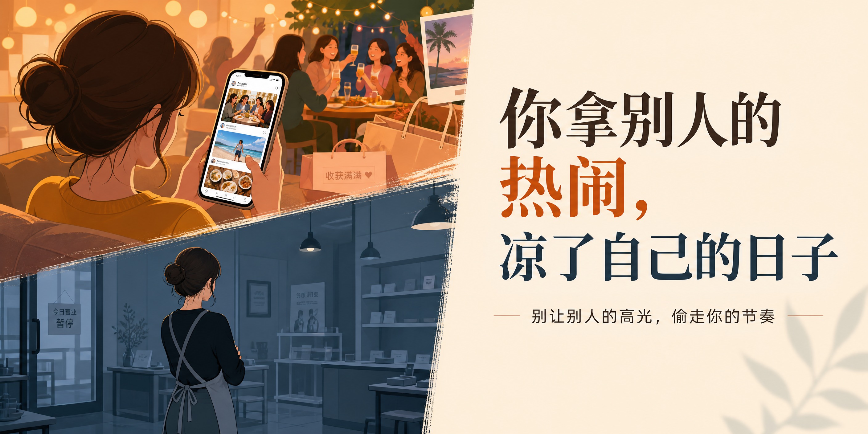公众号封面图，简约扁平风格，左右双场景对比构图，受众为女性老板… - 图片创意预览