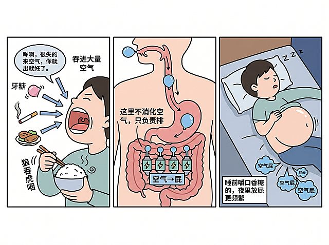 比例4:3，空气进肠道变屁的三格流水线科普漫画，从左到右排列：第一格入口：一个人张着嘴，面前有一碗饭冒着"狼吞虎咽"的旋风线条，嘴里同时说话冒出对话框，嘴里嚼着口香糖，嘴里叼着烟，每样东西都拖出一条箭头指向嘴里，箭头旁边写文字"吞进大量空气"；第二格路径：空气像一个蓝色的小气球，顺着食道滑进胃和肠道，肠道里有一排"空气→屁"的转换器，转换器上面写文字"这里不消化空气，只负责排"；第三格夜里：睡着的人躺在床上，肚子像吹气球一样鼓起来，然后从肛门排出一连串蓝色的小屁云，每个屁云上都写文字"空气屁"，旁边一个小框写提醒文字："睡前嚼口香糖的，夜里放屁更频繁"；整体保持简约卡通科普风格，干净清晰，搞笑有趣
