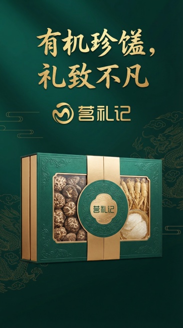 重新制作高端大气的APP开屏海报，主体为包装精致、质感上乘的有机滋补食品礼盒，品牌标识“茗礼记”醒目呈现于画面上方，采用深邃墨绿搭配鎏金的奢华配色，背景点缀简约的中式暗纹，营造高端雅致的礼赠氛围，顶部预览效果