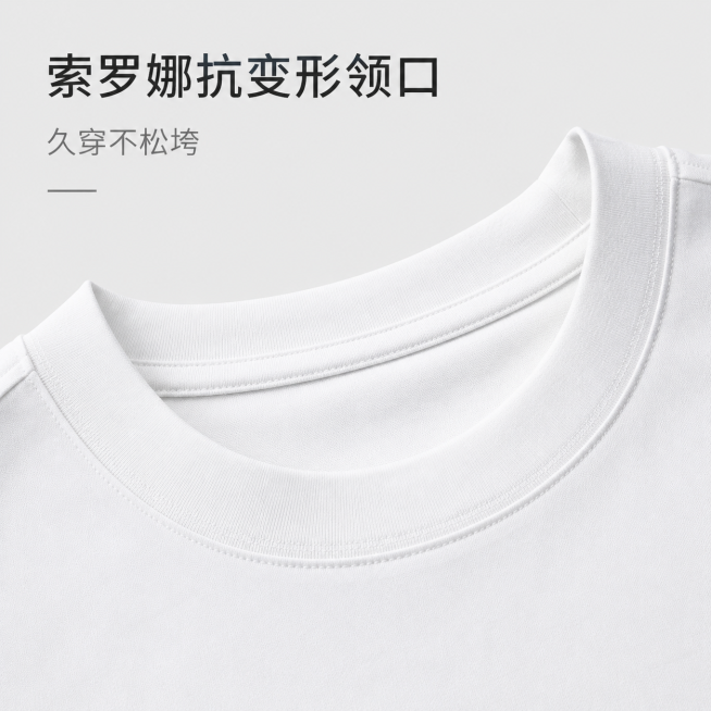 近距离特写展示男士白T的领口，卖点文字标签：索罗娜抗变形领口，久穿不松垮，简约背景，突出领口细节，极简风格，图片比例1:1预览效果