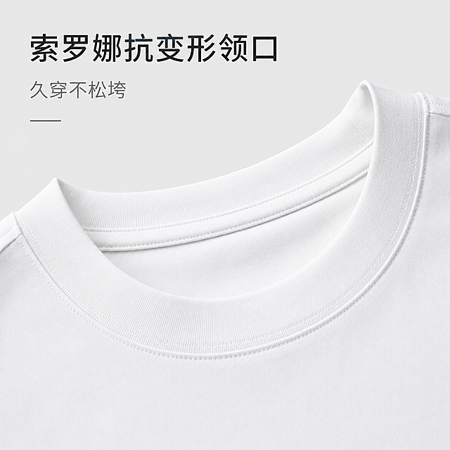 近距离特写展示男士白T的领口，卖点文字标签：索罗娜抗变形领口，久穿不松垮，简约背景，突出领口细节，极简风格，图片比例1:1