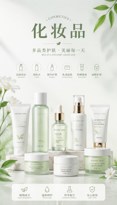 设计一张简约清新风格的化妆品品类概括海报，画面展示多款护肤品瓶罐整齐陈列在浅色背景上，文字标注分类为"化妆品"，整体色调柔和清新，版式精美，9:16比例，超高清分辨率，统一商业风格预览效果