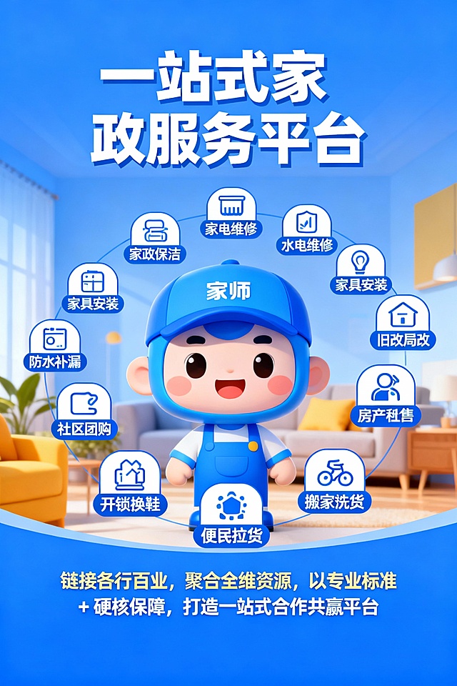 蓝师傅 +
家政保洁、家电维修 水电维修，家具安装、防水补漏、旧改局改、房产租售、社区团购、开锁换锁、洗衣洗鞋、搬家拉货、便民服务

链接各行百业，聚合全维资源，以专业标准 + 硬核保障，打造一站式合作共赢平台 
将这些素材填进去