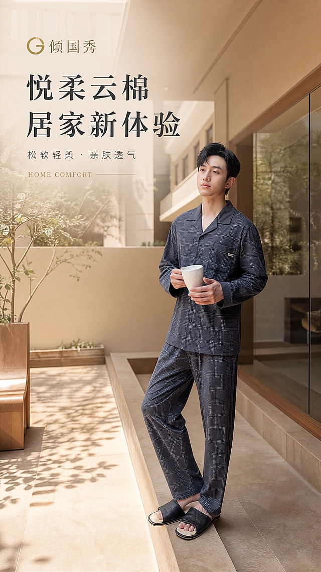 [商品] 使用【图3】男模特穿着石墨灰悦柔云棉印花开衫套装；商品处理：保留翻领开衫、前襟纽扣、胸袋、长袖、长裤套装结构，保留石墨灰底色与浅蓝色格纹印花，保留版型、缝线、口袋、纽扣；去除原图中"精雅JANNEYA"品牌Logo与左下角款号颜色面料文字，自然去除衣身杂乱褶皱，理顺垂坠，增强面料织纹与质感，不改变版型和颜色。
[画面] 页面目标：风格头图海报，营造高级静谧居家氛围，展示套装全貌与品牌调性。构图：竖版9:16，模特位于画面中下部偏右，占画面约60%，模特手持白色杯子自然站立于高端住宅露台/廊下场景；左上区域留白放标题与品牌标识。阅读动线：从上至下，先看品牌标题，再落向模特与套装整体。前景：浅米色地面与柔和光影；中景：模特与套装全貌；后景：虚化的建筑廊柱、绿植与玻璃墙面，暖调静谧光影。
[视觉] 套系策略：风格=高级静谧居家商业摄影风；标题字=现代简约衬线粗体；正文字=简洁无衬线体；主色=米杏色系（60%）；背景延展=基于米杏色做深浅层级、同色渐变和细腻墙面/织物质感；强调色=金棕色（8%）+墨绿（2%），仅用于小面积图标、引线、标签和装饰线条；标题色=深炭灰；正文色=中暖灰；组件=圆角浅底信息卡、细线引线、金棕装饰线；光影=左前侧暖柔光，柔和自然阴影。背景、道具、卡片按米杏主色做深浅明暗材质延展。
[文字] 左上区域：顶部放置"倾国秀"品牌标识，主标题"悦柔云棉 居家新体验"8字，副标题"松软轻柔 · 亲肤透气"，小号英文装饰"HOME COMFORT"；文字横排，层级分明，不遮挡模特主体与套装关键结构；标题字色深炭灰，副标题中暖灰，英文用金棕色细线体。
[规格] 图片比例9:16竖版，分辨率4K，quality=medium；避免变形、错字、文字过小、出现"精雅JANNEYA"等第三方品牌、冷蓝/冷灰背景主色、衣服颜色改变、版型失真、白底、水印、二维码。