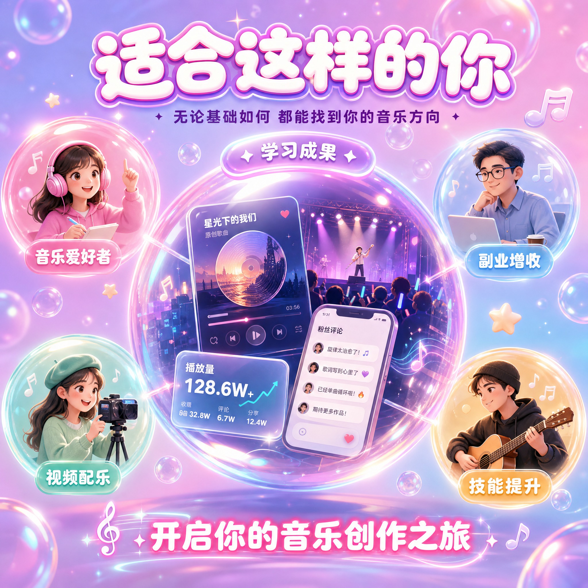 [主图-5] 适配人群与成果代入 辅助种草。音乐制作课程主图，… - 图片创意预览