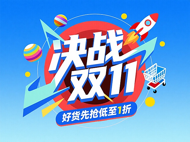 白色、粉色搭配主标题“决战双11”，后方红色层次圆形装饰，周围装饰有火箭、彩色条纹球体、购物车等元素，点缀黄色小点，下方白色小字“好货先抢低至 1 折”，蓝色描边，蓝色渐变背景