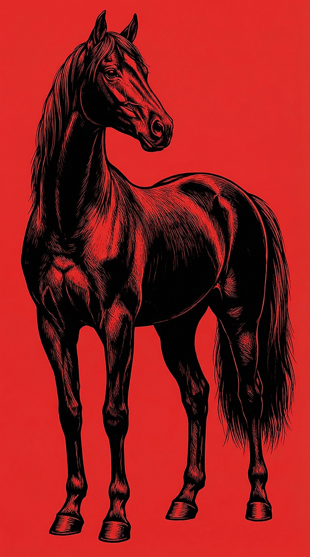 复古感与古典优雅交织，插画风马匹以单色版画手法呈现，红黑对比凸显力量与静谧，节日氛围中透出庄重与艺术张力。