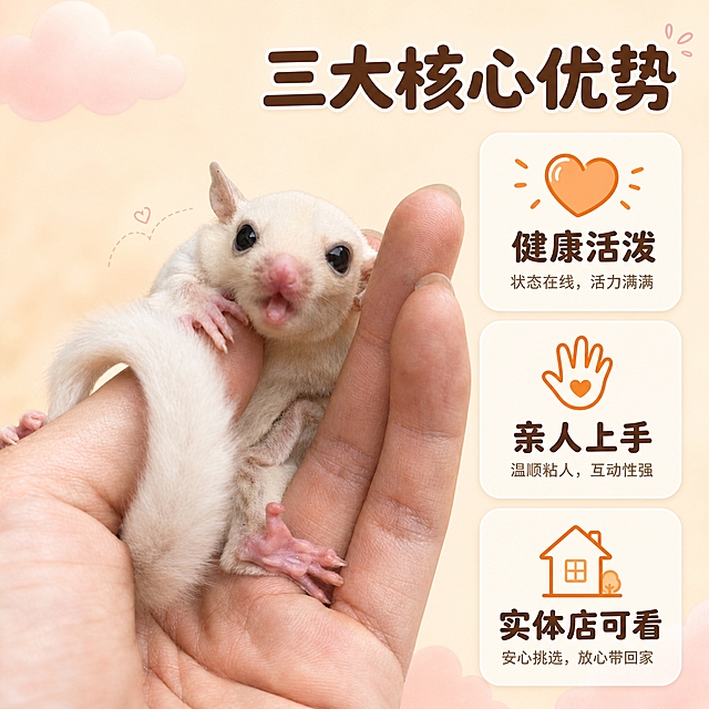 [主图-2] 核心亮点，展示蜜袋鼯幼崽的三大核心优势：健康活泼、亲人上手、体型小巧，用真实状态证明为什么值得买，打消买家顾虑。
[统一基调] 整体风格软萌治愈、专业靠谱，暖奶油色主背景，搭配浅粉和浅绿辅助色，强调色用暖橘色，圆角白色半透明卡片，圆润可爱无衬线字体，标题字色深棕，辅助字色浅棕，图标用线性可爱风。
[画面] 画面左侧是蜜袋鼯幼崽趴在人手掌上的特写，幼崽外观与参考图一致：纯白绒毛、粉鼻粉爪、圆眼睛，正抬头看向镜头，姿态亲人可爱，占画面约45%。右侧竖排三个圆角白色卡片，每个卡片上方有一个可爱线性图标，下方是短文案。第一个卡片图标是小心心，文案「健康活泼」；第二个卡片图标是小手，文案「亲人上手」；第三个卡片图标是小房子，文案「实体店可看」。卡片之间有均匀间距，整体右对齐。背景是暖奶油色，点缀少量淡粉色云朵形状装饰。
[光影质感] 自然柔光，蜜袋鼯毛发蓬松有层次，皮肤粉嫩，手部光影真实，卡片有轻微投影，整体明亮柔和，商业宠物摄影质感。
[配色] 主背景暖奶油色，卡片白色半透明，图标暖橘色，标题深棕色，辅助文字浅棕色，整体暖色调与首图统一。
[文字版式] 右上角大标题「三大核心优势」，圆润粗体深棕色。右侧三个卡片内，每个卡片上方图标，下方两行文字：第一行大字卖点词（深棕色粗体），第二行小字说明（浅棕色，字号缩小50%）。文字横排，卡片内居中对齐，不拥挤。
[输出要求] 1:1正方形，2048px，文字清晰，蜜袋鼯主体清晰，卡片排版整齐；负向：变形、错字、模糊、杂乱、水印、平台Logo、蜜袋鼯颜色异常、肢体畸形、卡片遮挡主体脸部。