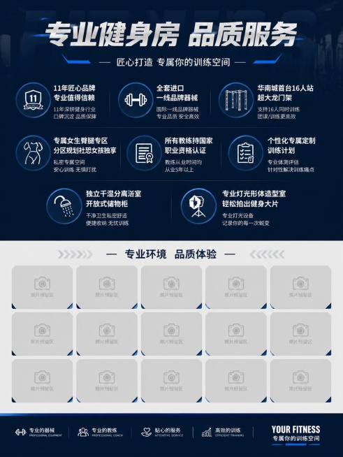 现代简约专业健身房宣传单背面设计，主标题"专业健身房 品质服务"，副标题"匠心打造 专属你的训练空间"，包含以下所有卖点文案：11年匠心品牌专业值得信赖、全套进口一线品牌器械、华南城首台16人站超大龙预览效果