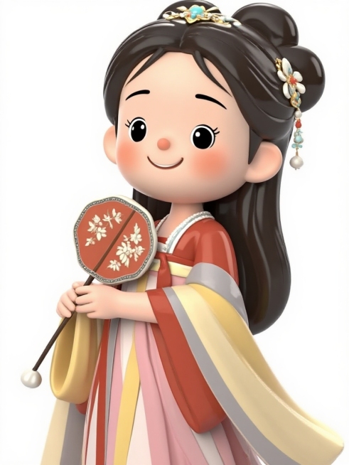 图片中的人物变成陶瓷材质卡通风格。模仿形体，脸型，肤色、五官表情。图中人物面部装饰，发型以及发饰，服装，配饰、表情、姿势保持一致。换成白色背景预览效果