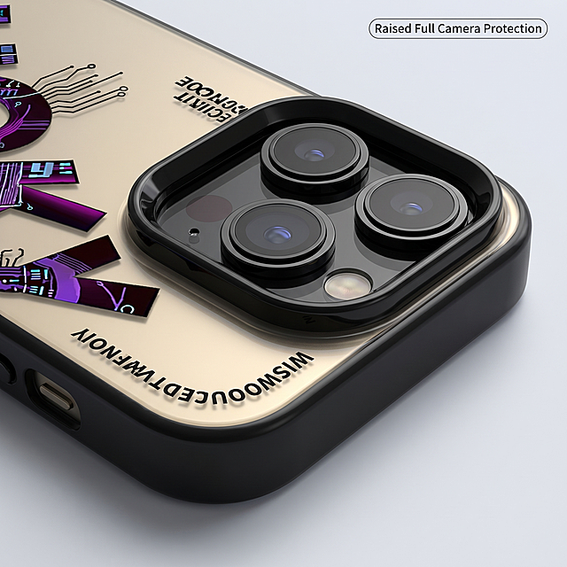 [Main Image 5] Close-up detail display of raised full camera protection
[Aura/Style] Cyber mechanical style, macro detail photography, clear function display.
[Screen Elements] Commercial photography texture, soft and transparent light, clear and real product, clean and advanced picture. Close-up focusing on the camera opening area of the phone case, highlighting the design of the all-inclusive raised border, which is higher than the camera lens. Clear contrast can be seen between the black protective frame and the champagne gold bottom, and the three-dimensional protective structure is clearly presented. The picture focuses on the camera corner, the background is out of focus, highlighting the protective detail, and the product structure is completely consistent with the reference picture.
[Color Scheme] Main color: product original color; Background: light gray simple. High contrast, clear focus.
[Perspective Composition] Close-up 45-degree side shot, focus on the raised protective border.
[Text Layout] Small English label "Raised Full Camera Protection" placed in the upper right corner, font size is small, does not affect the main detail display, all text in English.
[Proportional Resolution] 1:1 ratio, 2K resolution, clear text, ultra HD.
[Negative prompt] Deformation, watermark, text confusion, blurred product picture, messy background, extra large text, Chinese characters, non-compliant content.