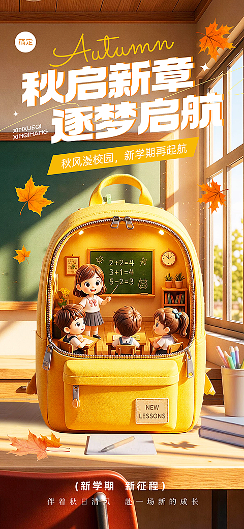 秋季开学季迎新祝福竖屏海报