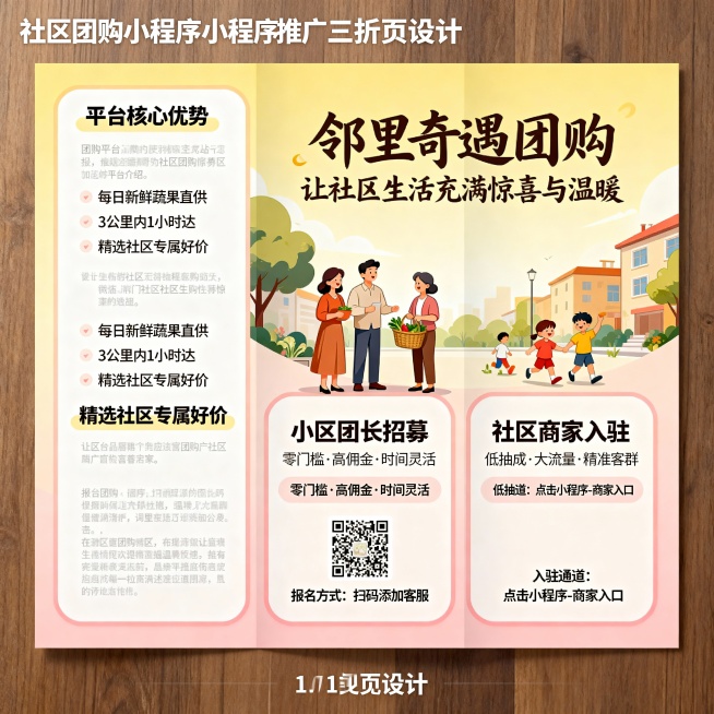 一、封面
邻里奇遇团购
让社区生活充满惊喜与温暖！
二、团购介绍
邻里奇遇团购，由北京、上海、杭州等多家科技公司及商贸公司联合发起成立的社区团购平台。我们怀揣着“链接邻里温情，解锁周边美好，让社区生活预览效果