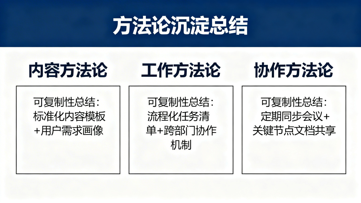 PPT页面，方法论沉淀总结，分为内容方法论、工作方法论、协作方法论三类，每类标注可复制性总结，商务专业风格，条理清晰预览效果