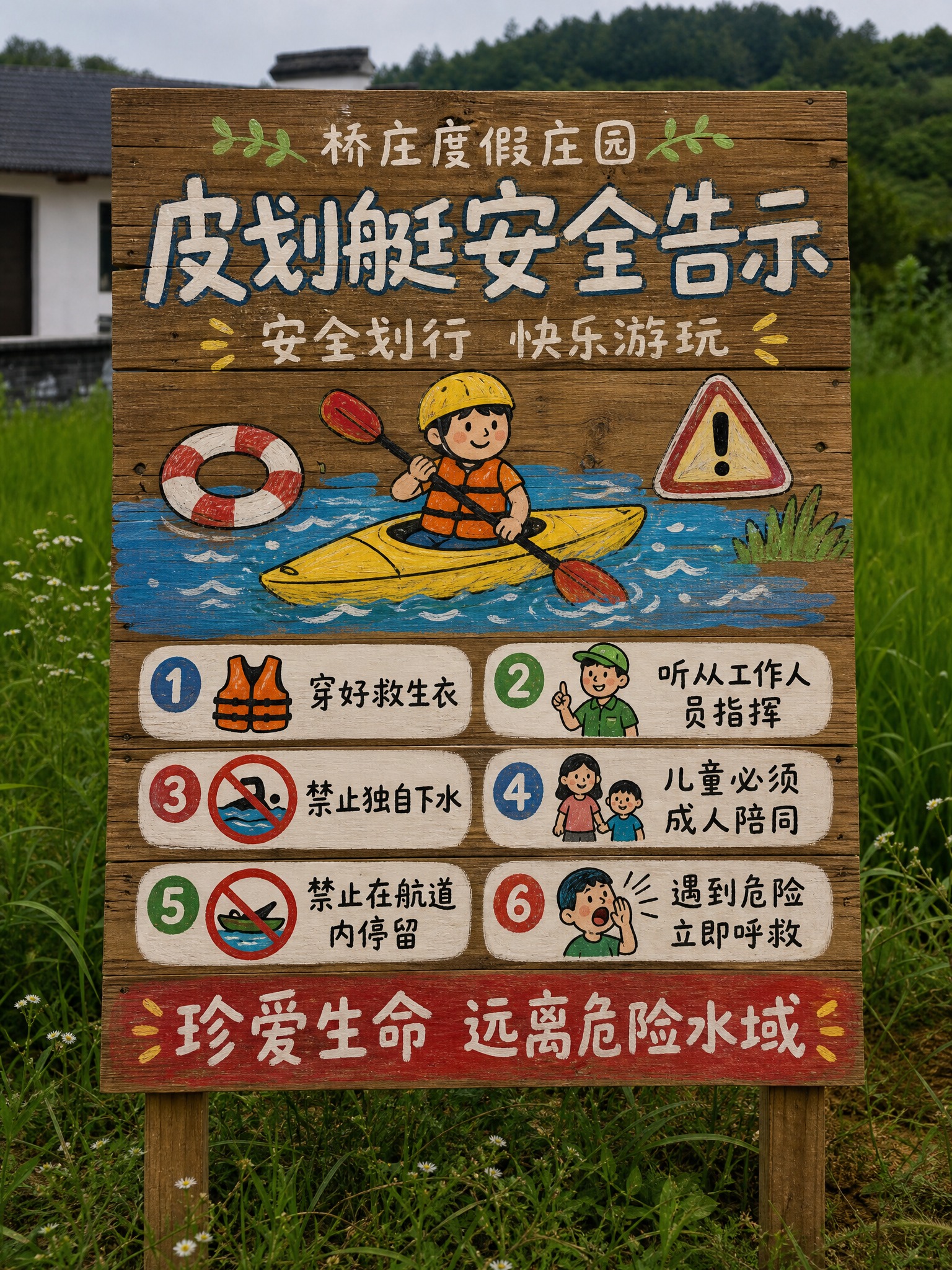 手绘涂鸦风格实木告示牌，质朴原木拼接木板材质，自然木纹清晰可见… - 图片创意预览