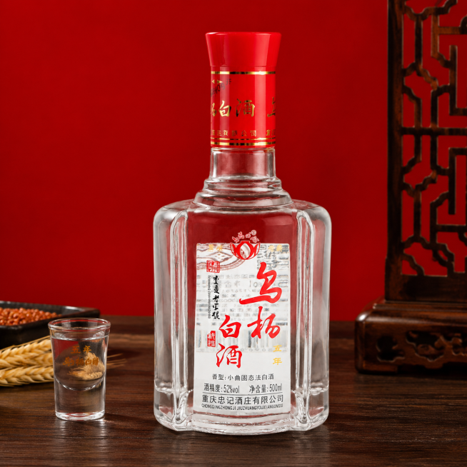 为这款五年乌杨白酒生成白酒商品场景图，参考经典白酒电商场景，使用深色木质桌面搭配纯红色背景，保留原产品角度、文字和瓶身造型不变，保持图片比例1:1，输出4K超高清画质预览效果