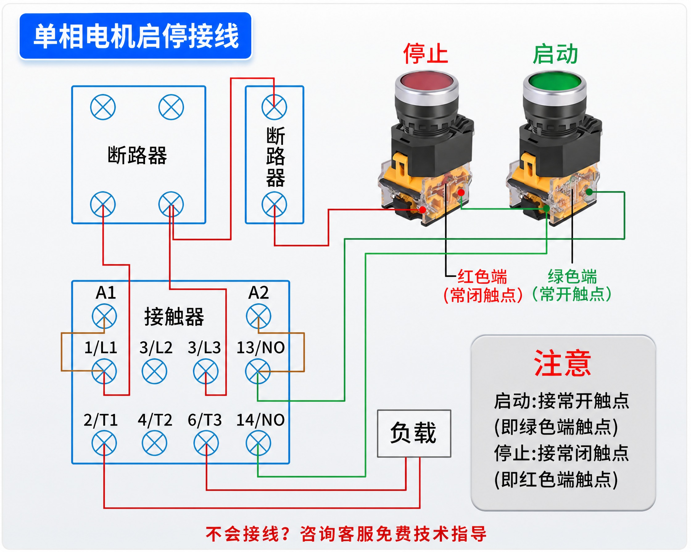基于这张按钮开关单相电机接线图详情图进行修改： 1. 左上角蓝… - 图片创意预览