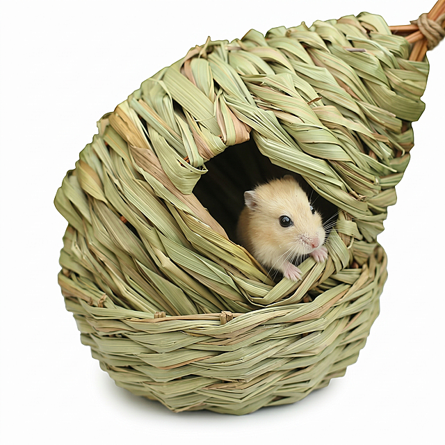 [主图-1] Handwoven straw bird nest small pet hamster house product first image.
[Atmosphere style] Clean professional Amazon product photography style; compliant and objective neutral style, focusing on product itself.
[Image quality] Commercial photography texture, soft and bright light, clear and real product, clean and high-end picture.
[Elements] Handwoven natural straw bird nest is centered on the pure white #FFFFFF background, product accounts for about 85% of the picture, the hamster stays in the entrance hole of the bird nest as shown, maintain the appearance (physical structure, material texture, color) of the bird nest absolutely consistent with the input product picture, eliminate any deformation and color difference, meticulous processing. The picture is full-screen without borders, no extra text, no extra logo.
[Light and shadow] Soft studio light from the front, uniform brightness, clear texture of straw weaving, natural transition between light and shadow, no harsh shadows, highlights do not overexpose, dark parts have layers.
[Color matching] Main color pure white background, auxiliary color natural straw light green and light brown, product color coordinate with the background, contrast clearly.
[Perspective composition] Head-up perspective, product centered, clear outline, complete without cutting.
[Text layout] No text according to Amazon pure main image requirements.
[Proportion resolution] 1:1 proportion, 2k resolution, super high definition.
[Negative prompt] Deformed, watermark, text disorder, blurred product image, messy background, extra border, extra logo, marketing text.