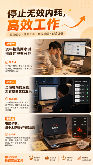 一张解决职场无效内耗的宣传海报，主标题是"停止无效内耗，高效工作"，海报中包含三个场景文案：场景一：资料搜集两小时，提炼汇报五分钟，焦虑点：为了写个报告，查了几十个网页和文档，眼睛看酸了，最核心的结论预览效果