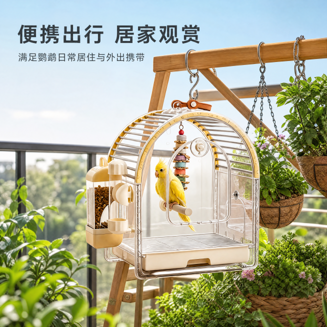 [主图-3] 鹦鹉不锈钢鸟笼真实使用体验展示，场景为阳台悬挂吊篮花架下。
[氛围风格] 鲜活清新自然生活化风格，充满生活氛围感；
[画质] 商业摄影质感、光线柔和通透、产品清晰真实、画面干净高级。
[预览效果