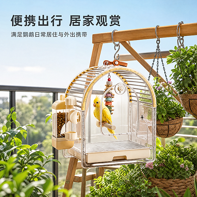 [主图-3] 鹦鹉不锈钢鸟笼真实使用体验展示，场景为阳台悬挂吊篮花架下。
[氛围风格] 鲜活清新自然生活化风格，充满生活氛围感；
[画质] 商业摄影质感、光线柔和通透、产品清晰真实、画面干净高级。
[元素] 鸟笼整体悬挂摆放在阳台木质花架上，保持产品外观与输入产品图绝对一致，杜绝变形和色差。鸟笼内黄色鹦鹉活泼站立，周围环绕吊篮花草，远处背景是虚化蓝天和阳台护栏，整体场景自然舒适，上方预留标题位置。商品主体占比约65%，画面满屏无边框。
[光影] 上午柔和自然光照射，光影自然，突出产品通透材质和鲜活绿植，整体氛围温暖清新。
[配色] 保持产品奶白金边配色，搭配绿植浅蓝天色，鲜活清新和谐统一。
[视角构图] 平视45度角，自然景深，前景绿植虚化，主体鸟笼清晰突出。
[文字版式] 画面上方标题"便携出行 居家观赏"，大字左对齐深灰色，下方辅助短句"满足鹦鹉日常居住与外出携带"，字体较小，不遮挡主体产品。
[比例分辨率] 1:1比例，4k分辨率；文字清晰锐利，超高清画质。
[负向提示词] 变形，水印，文字错乱，产品图模糊，背景杂乱，遮挡主体，颜色偏差。