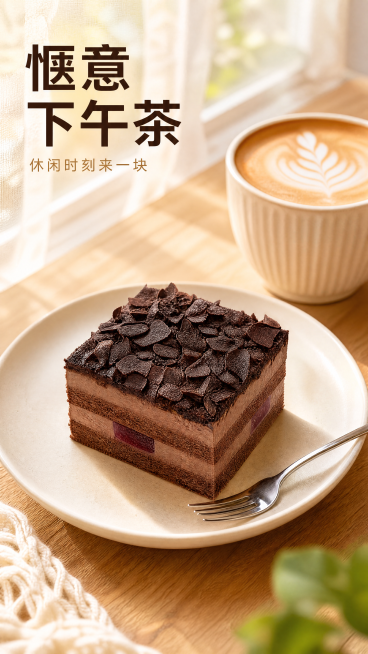 [主图-4] 沃立森黑森林魔方慕斯蛋糕下午茶食用场景展示
[氛围风格] 温馨治愈氛围感，休闲下午茶场景
[画质] 高清商业美食摄影质感，自然通透，真实有食欲
[元素] 切好的一块黑森林魔方慕斯蛋糕放在预览效果