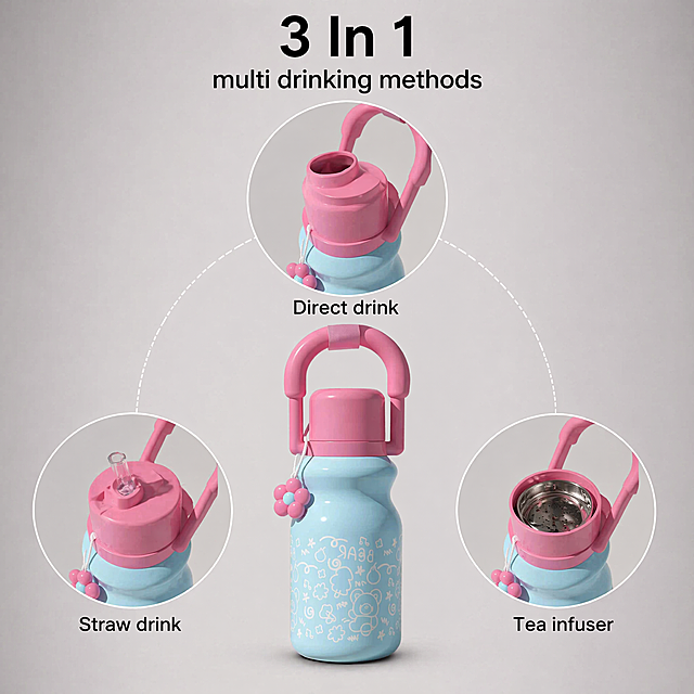 [主图-4] 3 In 1 multi drinking methods展示
[氛围风格] 清晰直观 功能演示
[画质] 商业摄影质感 光线柔和通透 产品清晰真实 画面干净高级
[元素] 分三个小区域展示杯盖的三种使用方式：direct drink / straw drink / tea infuser 每个区域标注对应英文文案 主体产品保持原外观和颜色与输入图一致 奶蓝色杯身粉色提手 整体浅灰渐变背景 排版清晰 三个功能区域分明 不遮挡主体
[光影] 明亮均匀柔光 每个功能区域光照一致 细节清晰
[配色] 背景浅灰 产品原蓝粉配色 文字黑色清晰
[视角构图] 宫格排版 主体保温杯居中 三个功能小图分三角排布 信息层次清晰
[文字版式] 每个功能配对应英文说明 全英文无中文 字体清晰不遮挡产品
[比例分辨率] 1:1比例 分辨率2K 文件大小≤3MB 超高清
[负向提示词] 变形 水印 文字错乱 中文 背景杂乱 功能区域重叠