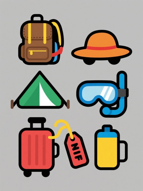旅行主题系列图标，6个完全不同元素的规整排布，保持原图标风格：粗黑色轮廓线勾勒，填充明亮饱和的色彩（如蓝色行李箱、红色越野车、黄色相机），简约扁平设计，带有轻微的白色高光和灰色阴影以增强立体感，纯色背景。元素包括：1. 棕色皮质旅行背包，带黄色拉链和肩带；2. 绿色帐篷，带白色门窗和支撑杆；3. 橙色太阳帽，带黑色帽檐和红色帽绳；4. 蓝色潜水镜和呼吸管，镜片有白色反光；5. 红色行李箱标签，……预览效果