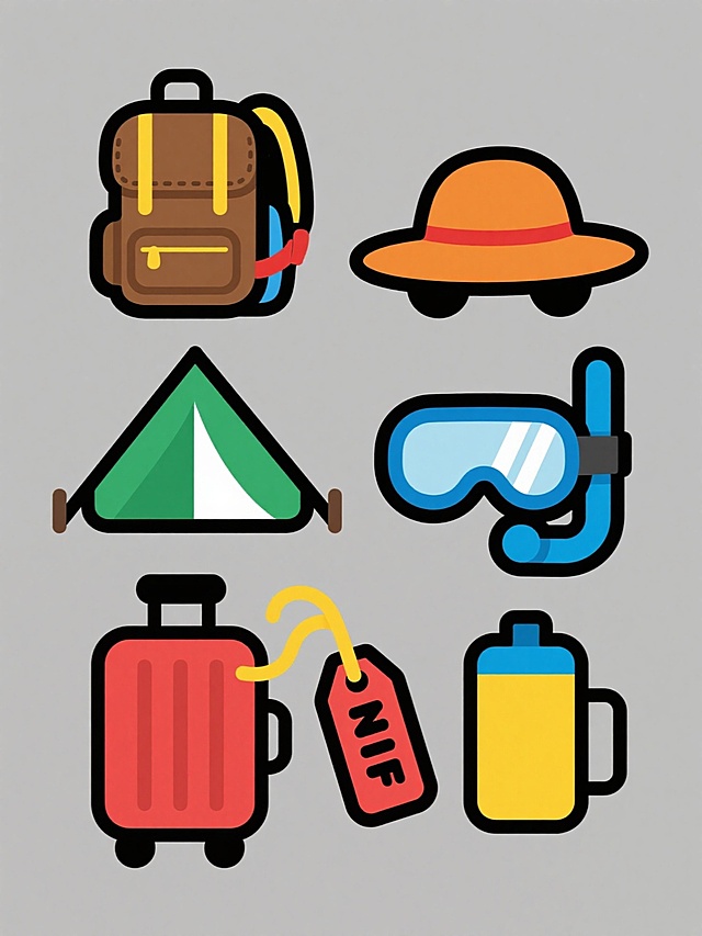 旅行主题系列图标，6个完全不同元素的规整排布，保持原图标风格：粗黑色轮廓线勾勒，填充明亮饱和的色彩（如蓝色行李箱、红色越野车、黄色相机），简约扁平设计，带有轻微的白色高光和灰色阴影以增强立体感，纯色背景。元素包括：1. 棕色皮质旅行背包，带黄色拉链和肩带；2. 绿色帐篷，带白色门窗和支撑杆；3. 橙色太阳帽，带黑色帽檐和红色帽绳；4. 蓝色潜水镜和呼吸管，镜片有白色反光；5. 红色行李箱标签，带黑色文字和黄色绳结；6. 黄色保温杯，带蓝色杯盖和黑色提手。所有图标均为独立个体，均匀分布，无重叠，保持一致的大小和风格统一性。