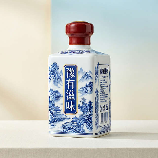 [主图 1] 豫有滋味白酒青花瓷风格新包装设计
[氛围风格] 中式国风青花风格，清雅高端，传统文人气质
[画面元素] 商业摄影质感，光线柔和通透，产品清晰真实，画面干净高级。方形白酒瓶整体为乳白色瓷瓶，瓶身绘制传统青花山水纹样，保留原品牌名称"豫有滋味"设计为青花篆书字体，瓶口搭配红色釉封口，整体造型典雅大方，保留原品牌版式结构，替换为青花瓷风格材质和纹样
[配色色系] 主色调：米白瓷底，钴蓝色青花；辅助色：瓶口红色，金色文字边框
[视角构图] 正面平视展示，完整呈现瓶身设计，主体居中
[文字版式] 保留"豫有滋味"核心品牌文字，文字风格匹配青花设计，其余信息布局沿用原版式
[比例分辨率] 1:1 比例，2k 分辨率，文字清晰可辨，超高清
[负向提示词] 变形，水印，文字错乱，产品形态扭曲，图案杂乱，配色突兀