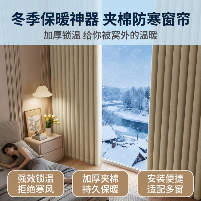 保持窗帘的面料和花纹不变，室内家居场景不变，裂变为电商主图，卖点是保暖防寒预览效果