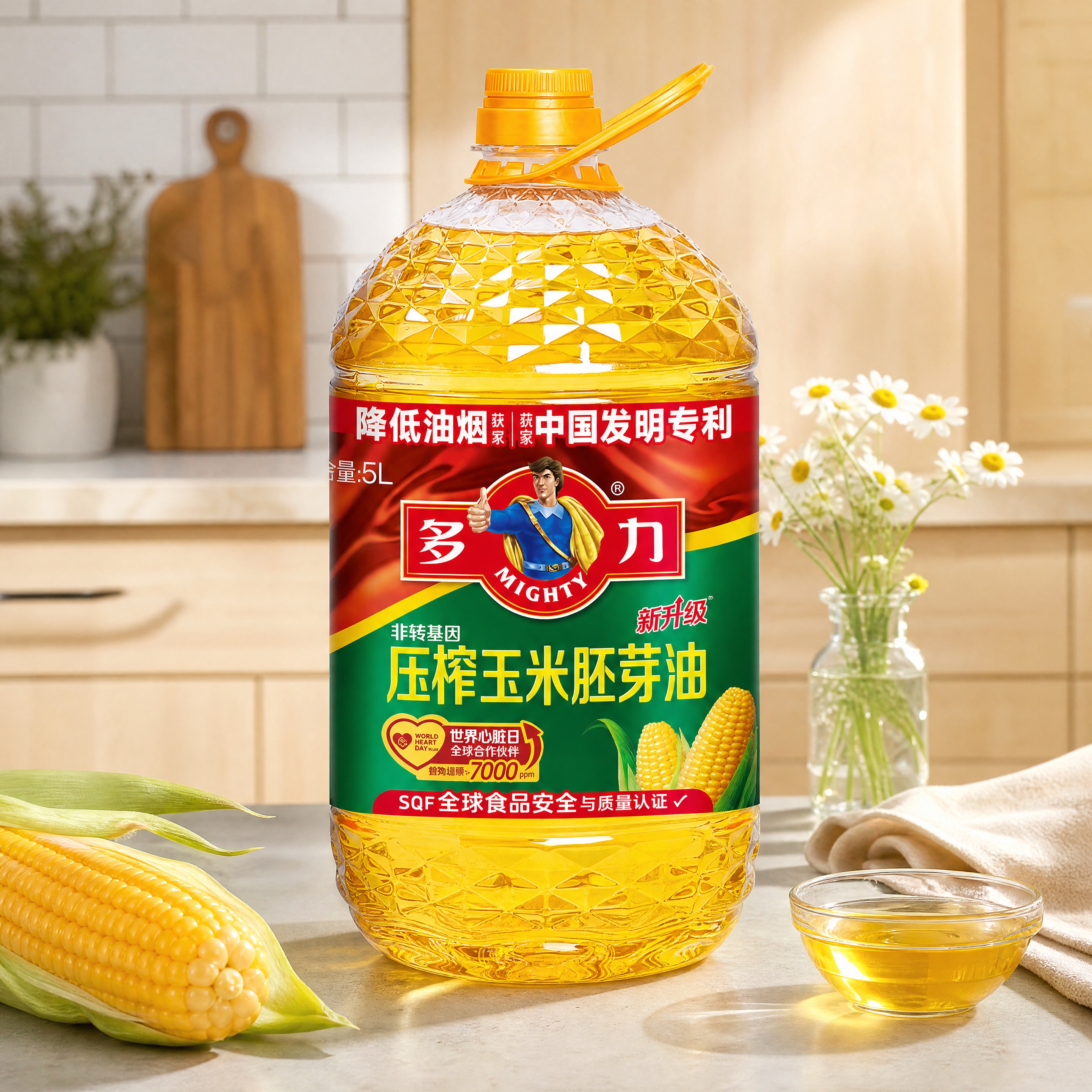 超写实食品商业摄影。 主体：5L装玉米油桶严格参照上传产品图，… - 图片创意预览