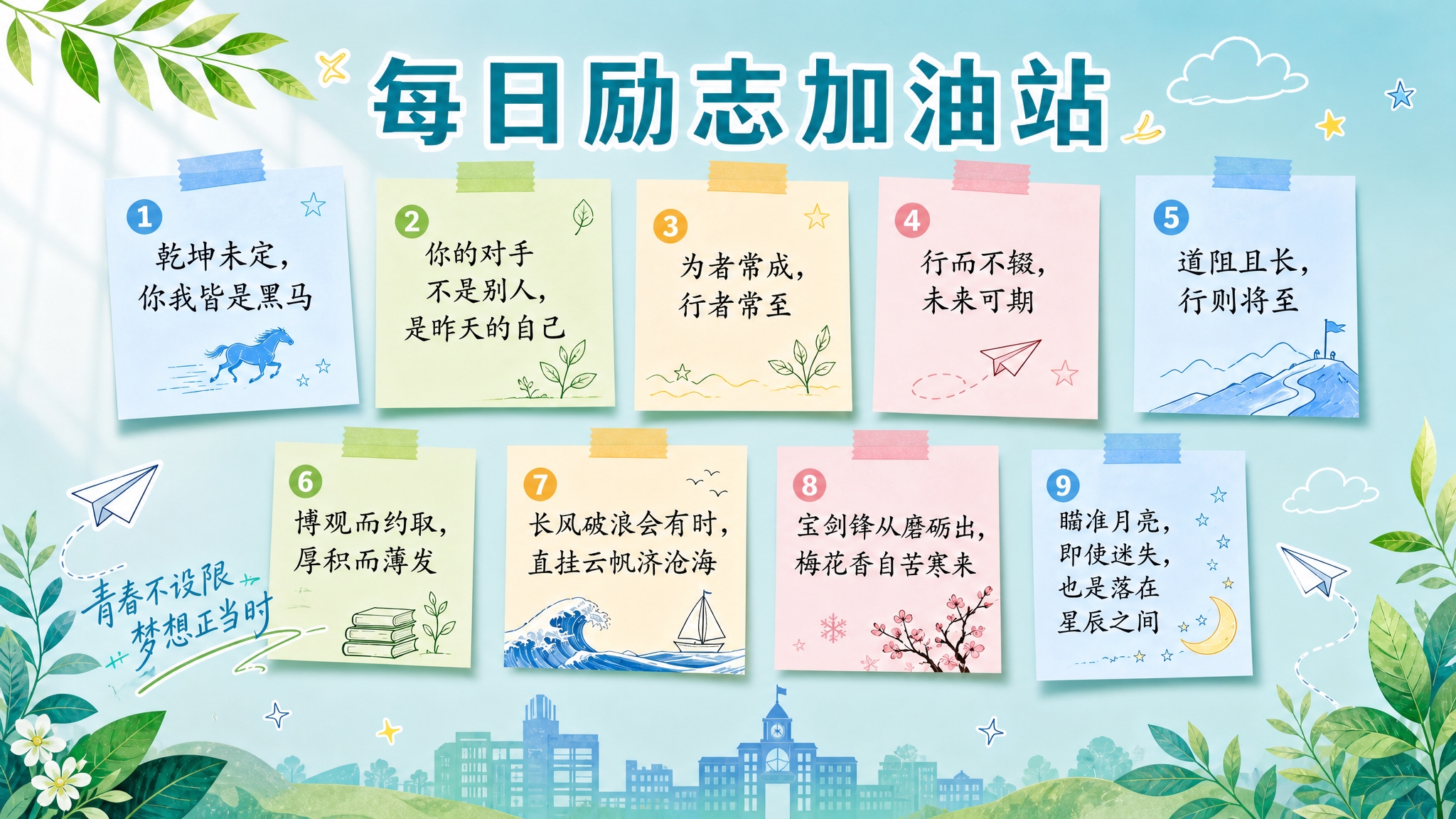 将参考图改为16:9横版比例，保持清新蓝绿便签墙风格不变。主标… - 图片创意预览