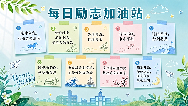 将参考图改为16:9横版比例，保持清新蓝绿便签墙风格不变。主标题"每日励志加油站"改为顶部横向居中排列，9张彩色便签纸（浅蓝、浅绿、米黄、浅粉）重新横向错落排布在画面中央区域，便签上的9条励志金句和编号、小插画全部保留不变。底部"青春不设限 梦想正当时"文字移至左下角。绿叶、纸飞机、云朵、星星等装饰元素和底部校园建筑剪影适配横版布局重新分布，整体构图平衡美观，保持温暖清新的校园励志氛围。画面无二维码。