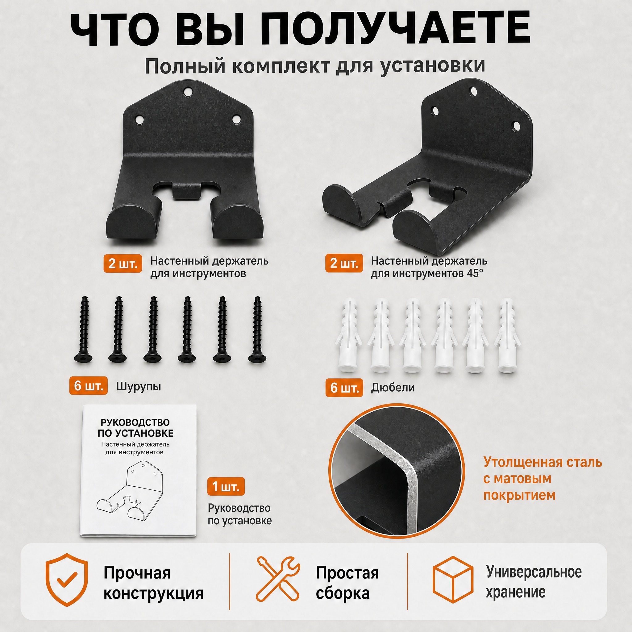 将图中所有橙色的墙上工具挂架产品全部替换为哑光黑色，包括两个主… - 图片创意预览