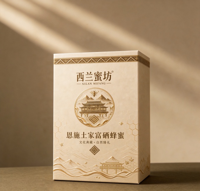 生成单个蜂蜜纸盒包装产品图，保持所有包装设计元素不变：盒身文字为"西兰蜜坊 XILAN MIFANG 恩施土家富硒蜂蜜 文化典藏·自然臻礼"，保留原有的米金色纸盒、烫金圆形山水建筑图案、六边形蜂巢纹理预览效果
