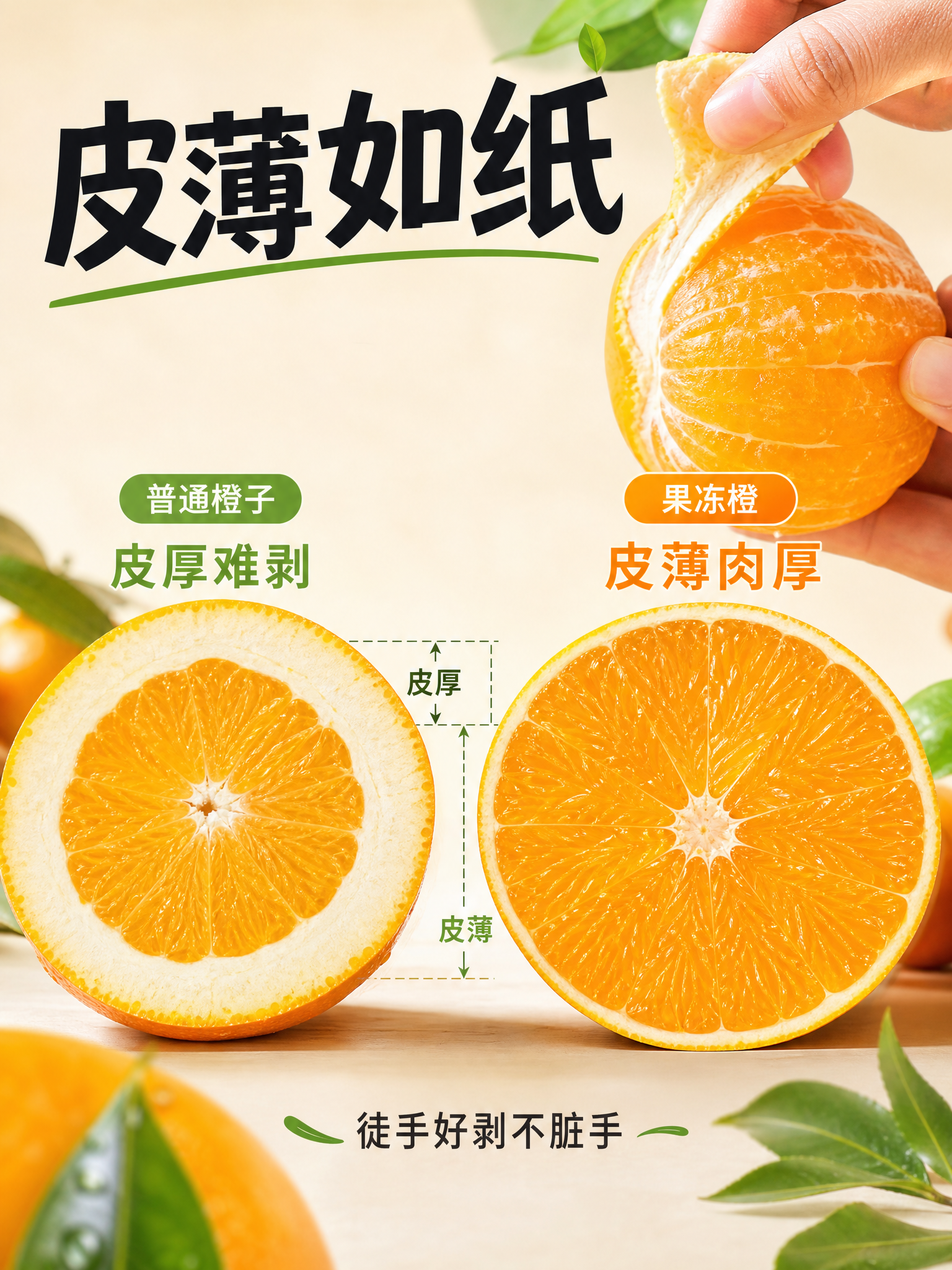 皮薄卖点展示图。使用参考图中的橙子外观和颜色。画面左右对比展示… - 图片创意预览